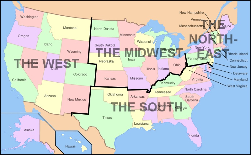 us map north south east west U S Regions West Midwest South And Northeast us map north south east west
